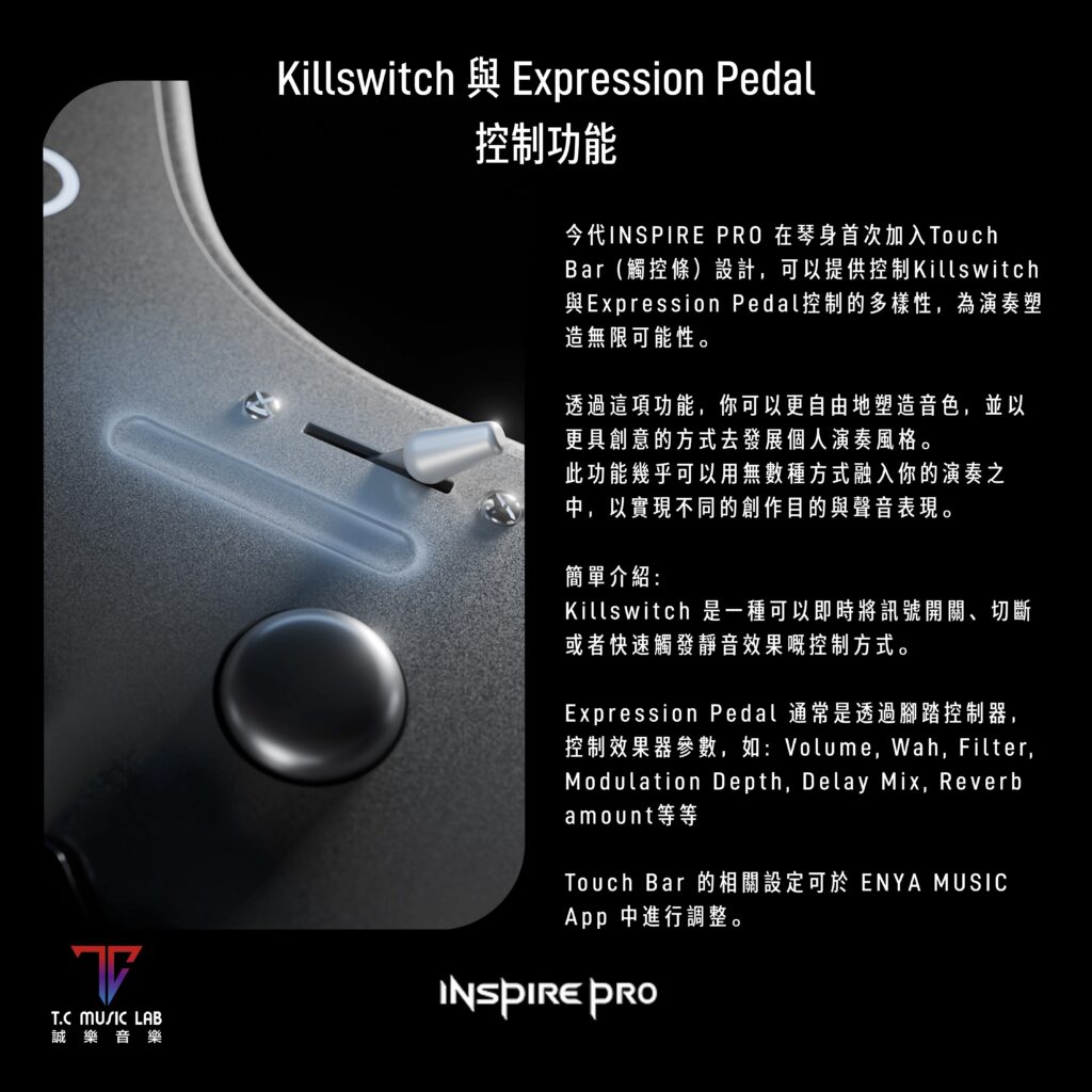 Enya INSPIRE PRO 電結他 Touch Bar 觸控條特寫，支援 Killswitch 斷音及表情控制功能，可透過 ENYA MUSIC App 調整設定