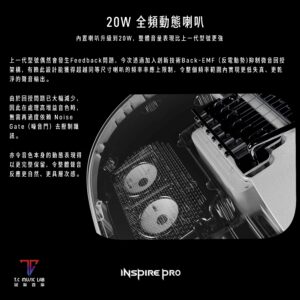 Enya INSPIRE PRO 電結他內置 20W 全頻動態喇叭結構示意，介紹 Back-EMF 回授抑制設計及聲音動態表現。